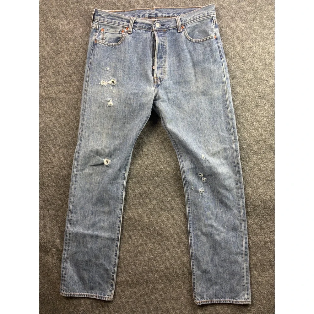 Levi's 501 Jeans Mens 36x34 Blue Light Wash Distressed Straight Leg Button Fly
